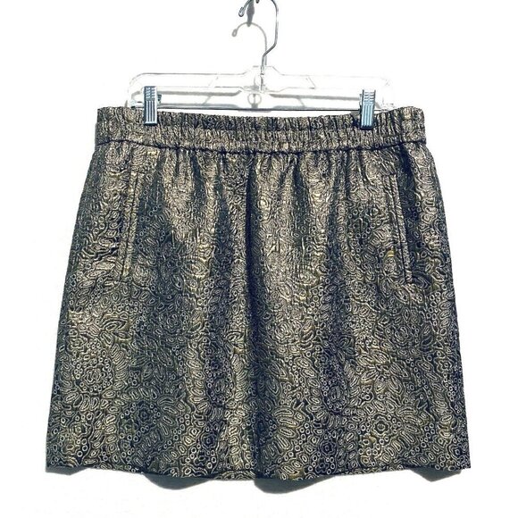 LOFT Skirt Womens Large Gold Metallic Jacquard Mini Elastic Waist Pockets Boho - Picture 2 of 9